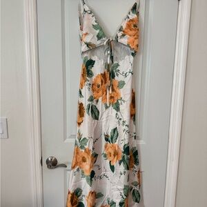 Satin Floral Midi Dress with Orange and Green Accents